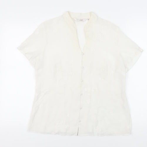 EWM Womens White Polyester Basic Button-Up Size 14 Collared - Embroidered