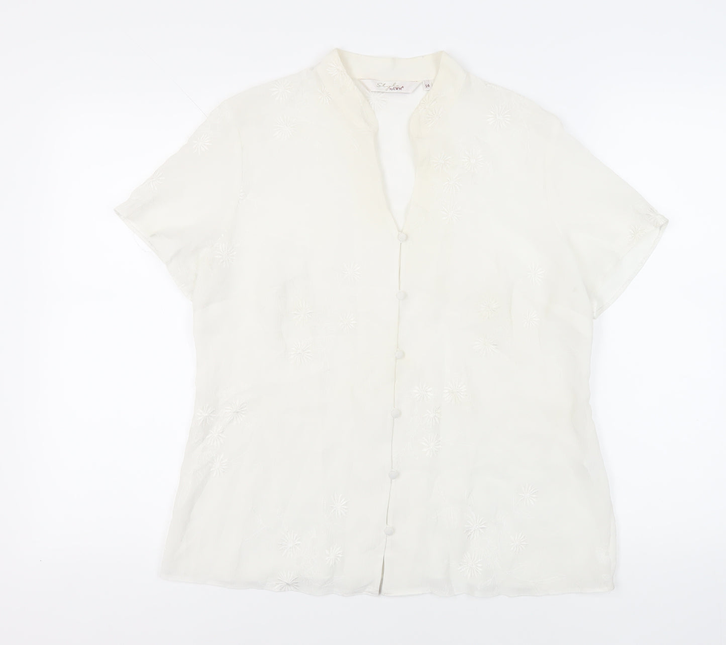 EWM Womens White Polyester Basic Button-Up Size 14 Collared - Embroidered