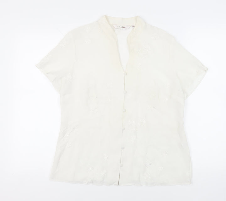 EWM Womens White Polyester Basic Button-Up Size 14 Collared - Embroidered
