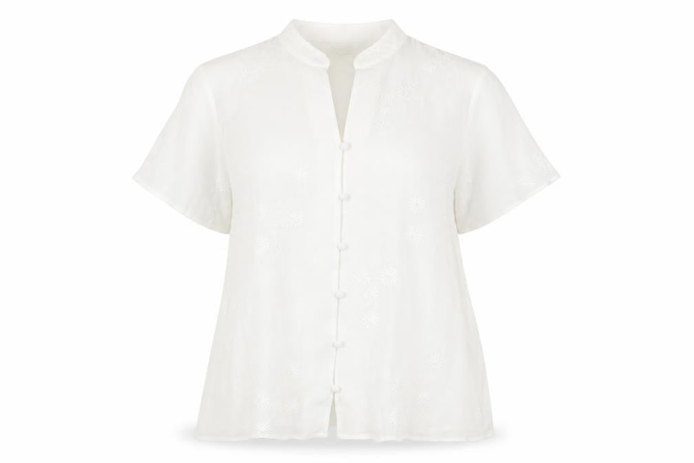 Front view of EWM women’s white polyester basic button-up, size UK 14, collared - embroidered