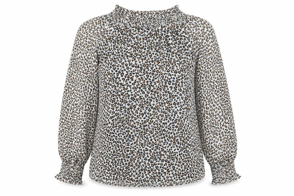 Front view of Topshop women’s ivory animal print polyester basic blouse, size UK 10, off the shoulder