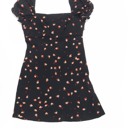 Topshop Womens Black Floral Polyester Mini Size 8 Square Neck Zip