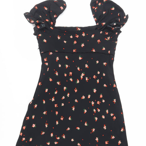 Topshop Womens Black Floral Polyester Mini Size 8 Square Neck Zip