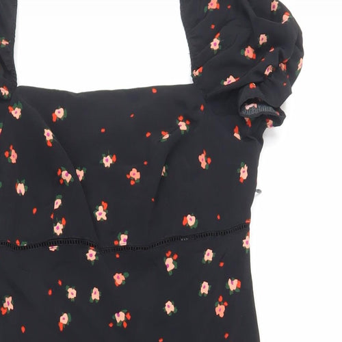 Topshop Womens Black Floral Polyester Mini Size 8 Square Neck Zip