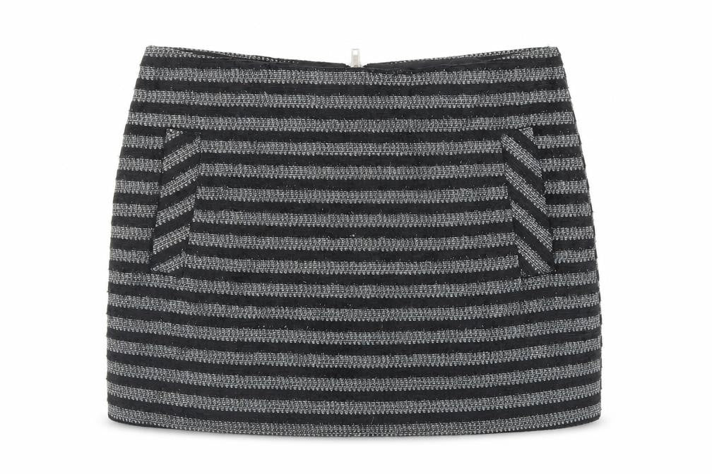 Front view of Topshop women’s black striped polyester mini skirt, size UK 10, zip - pockets