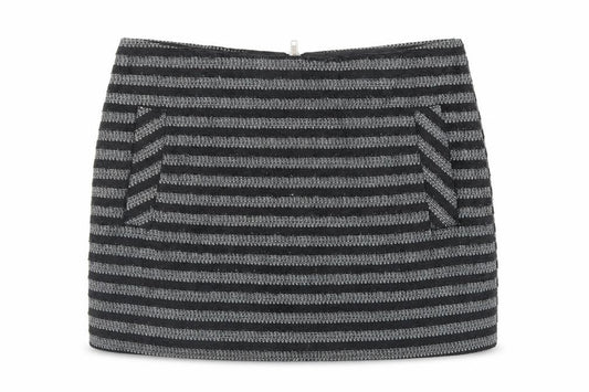 Front view of Topshop women’s black striped polyester mini skirt, size UK 10, zip - pockets