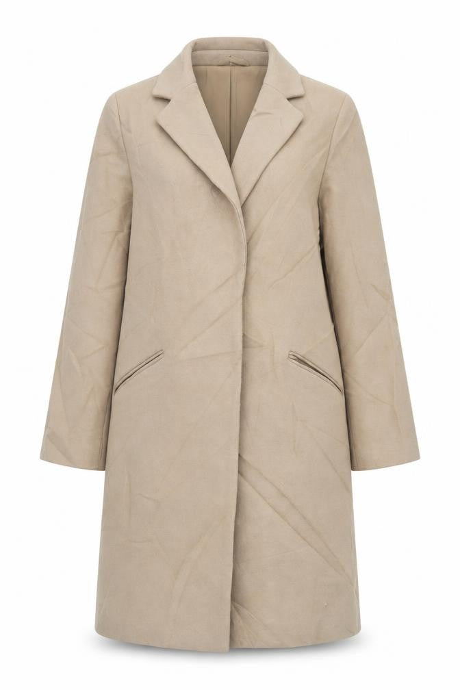 Front view of Marks & Spencer women’s beige overcoat coat, size UK 12, snap