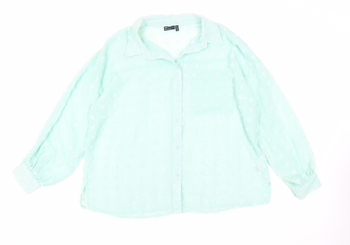 ASOS Womens Green Polyester Basic Button-Up Size 16 Collared - Oversized Sheer Textured