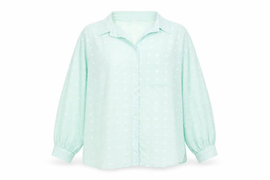 Front view of ASOS women’s green polyester basic button-up, size UK 16, collared - oversized sheer textured