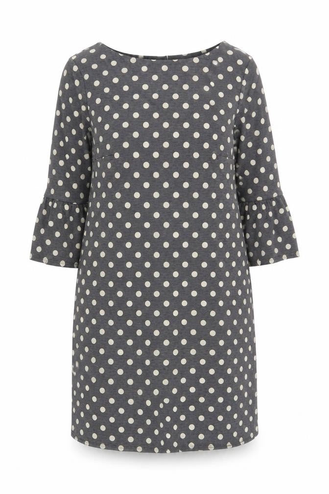 Front view of Dorothy Perkins women’s grey polka dot polyester shift, size UK 10, boat neck pullover