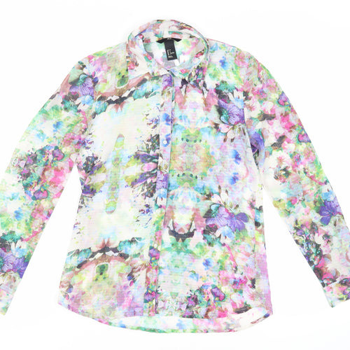 H&M Womens Multicoloured Floral Polyester Basic Button-Up Size 6 Collared - Sheer