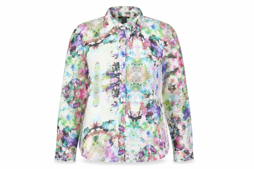 Front view of H&M women’s multicoloured floral polyester basic button-up, size UK 6, collared - sheer