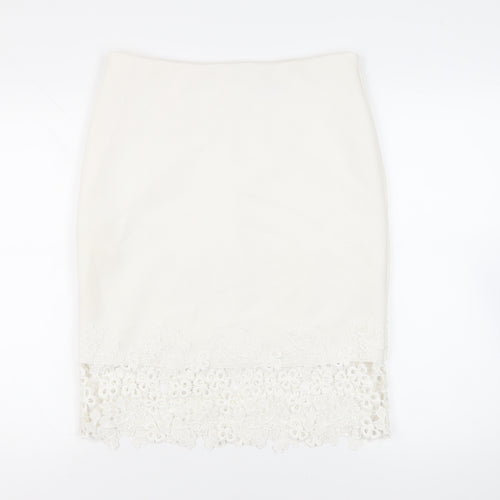 Lipsy London Womens White Polyester Straight & Pencil Skirt Size 14 Zip - Crocheted Lace Detail