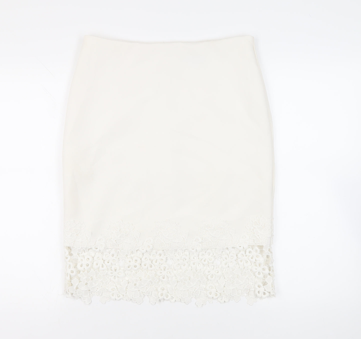 Lipsy London Womens White Polyester Straight & Pencil Skirt Size 14 Zip - Crocheted Lace Detail