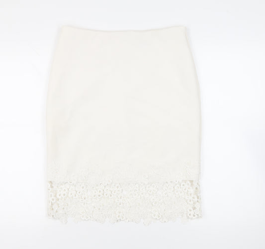 Lipsy London Womens White Polyester Straight & Pencil Skirt Size 14 Zip - Crocheted Lace Detail