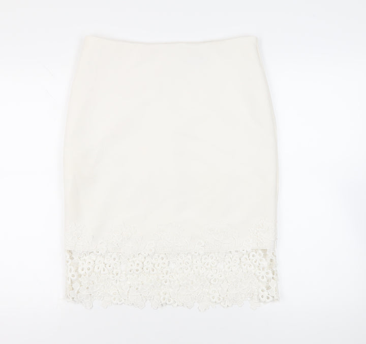 Lipsy London Womens White Polyester Straight & Pencil Skirt Size 14 Zip - Crocheted Lace Detail