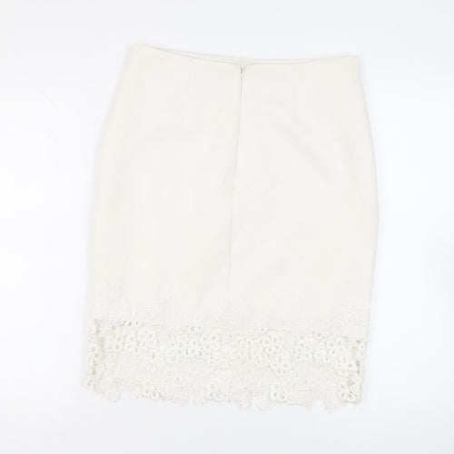 Lipsy London Womens White Polyester Straight & Pencil Skirt Size 14 Zip - Crocheted Lace Detail