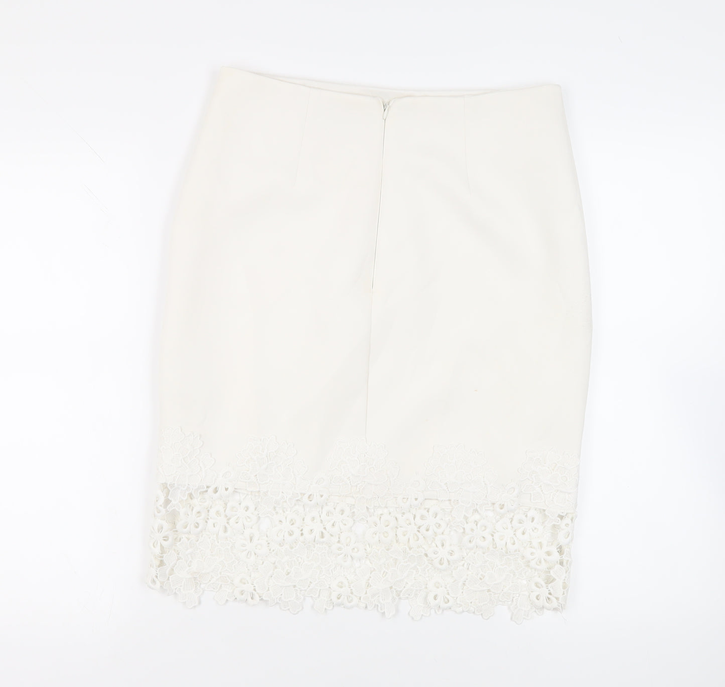 Lipsy London Womens White Polyester Straight & Pencil Skirt Size 14 Zip - Crocheted Lace Detail