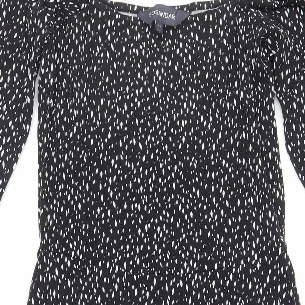 Sosander Womens Black Animal Print Viscose Fit & Flare Size 12 Square Neck Pullover