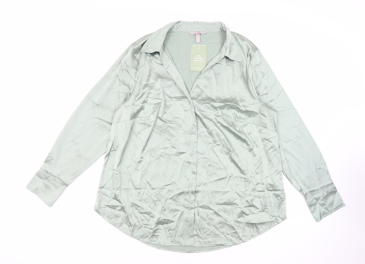 H&M Womens Green Polyester Basic Button-Up Size XL Collared