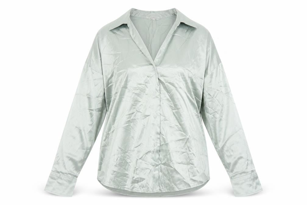 Front view of H&M women’s green polyester basic button-up, size XL, collared