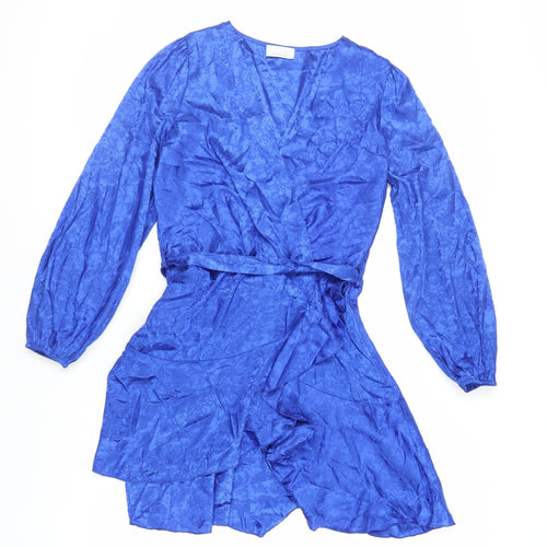 Quiz Womens Blue Floral Polyester Skater Dress Size 12 V-Neck Zip - Belted
