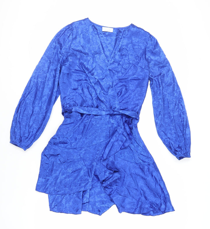 Quiz Womens Blue Floral Polyester Skater Dress Size 12 V-Neck Zip - Belted