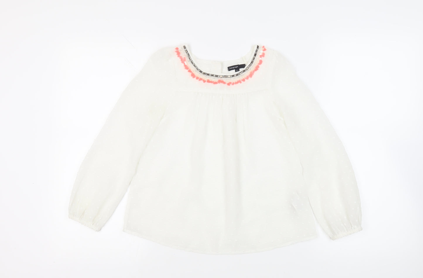 Autograph Girls White Polyester Basic Blouse Size 8-9 Years Boat Neck Button - Embelished Neckline Sheer