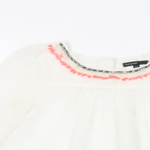 Autograph Girls White Polyester Basic Blouse Size 8-9 Years Boat Neck Button - Embelished Neckline Sheer