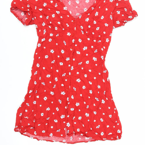Apricot Womens Red Floral Viscose Mini Size 10 V-Neck Button