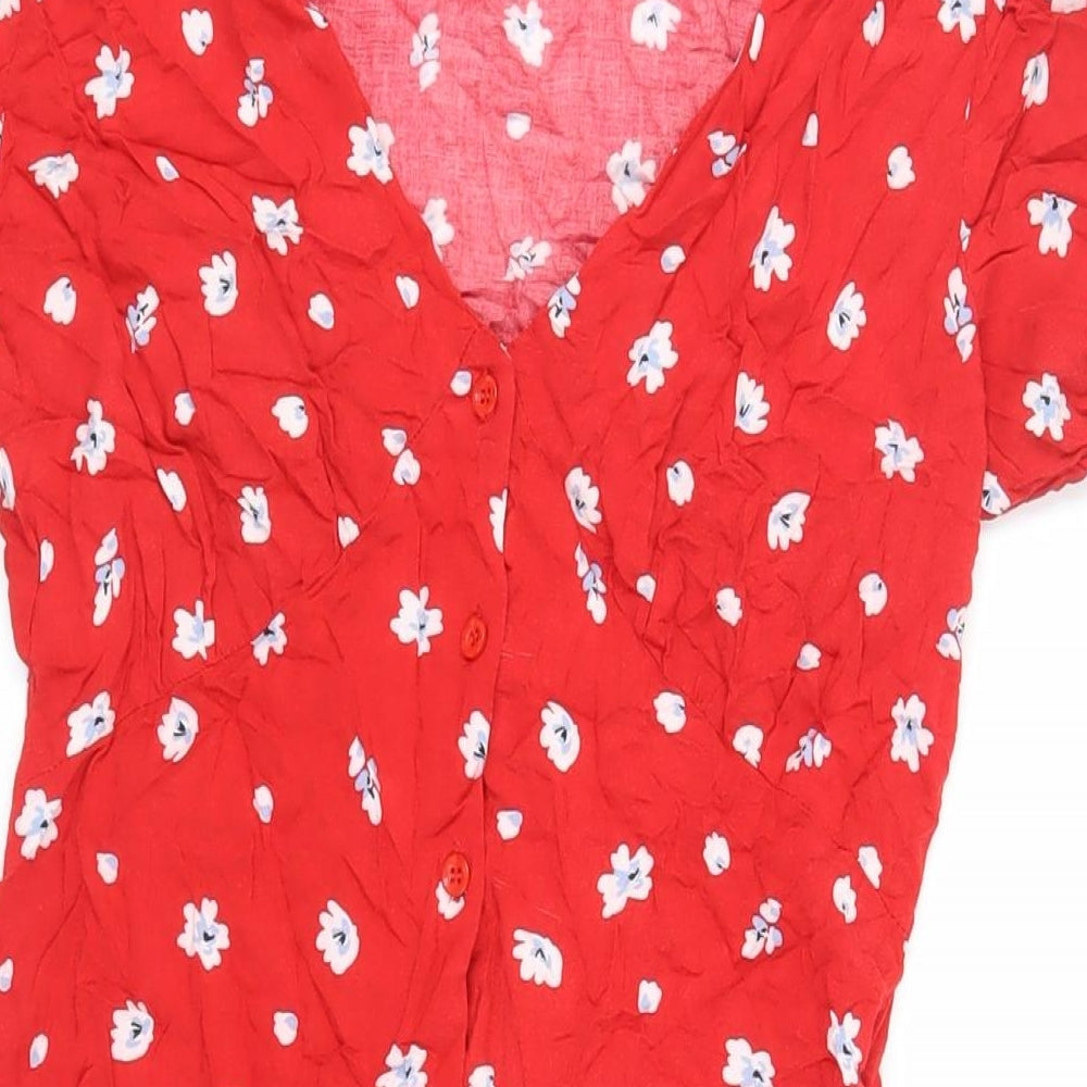 Apricot Womens Red Floral Viscose Mini Size 10 V-Neck Button