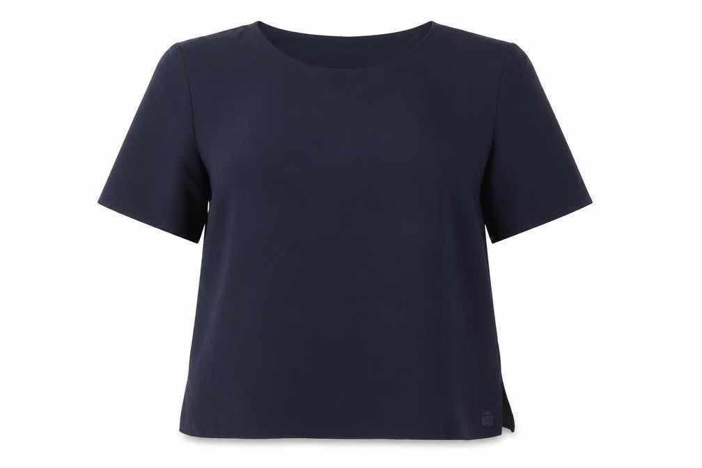 Front view of Essence women’s blue polyester basic blouse, size UK 26, round neck