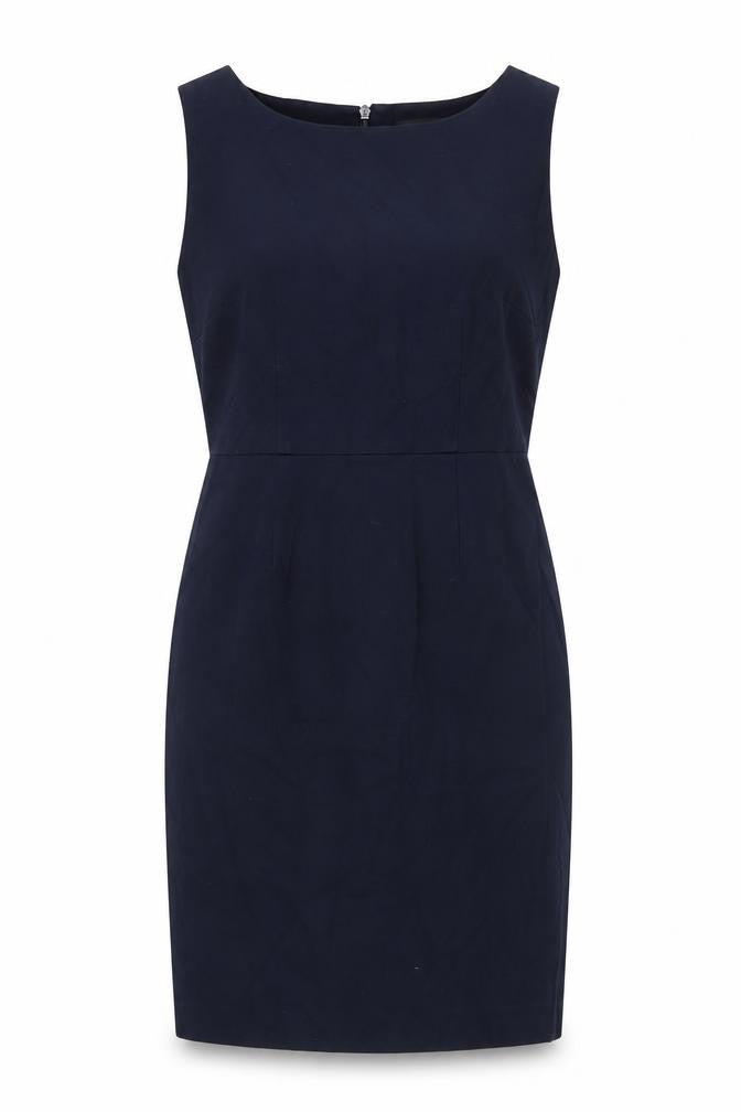 Front view of Next women’s blue polyester pencil dress, size UK 12, boat neck zip