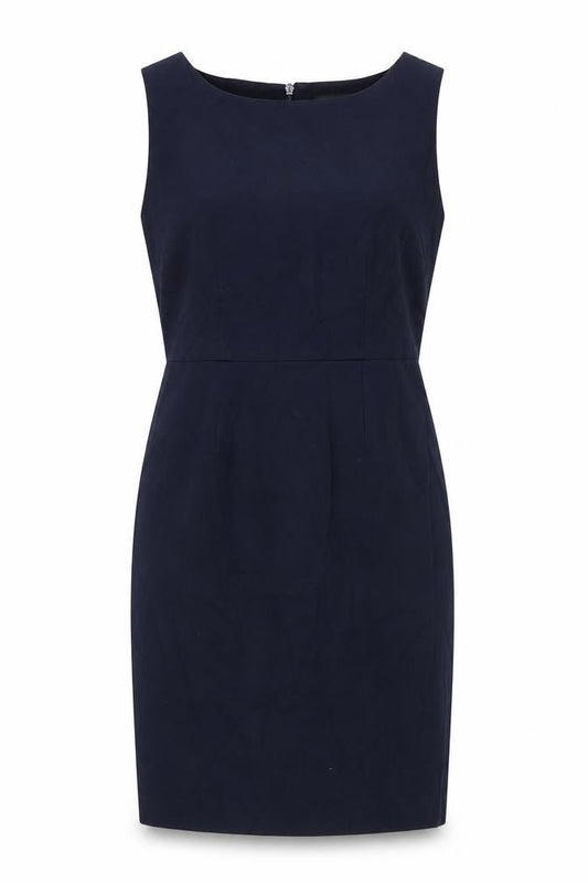 Front view of Next women’s blue polyester pencil dress, size UK 12, boat neck zip