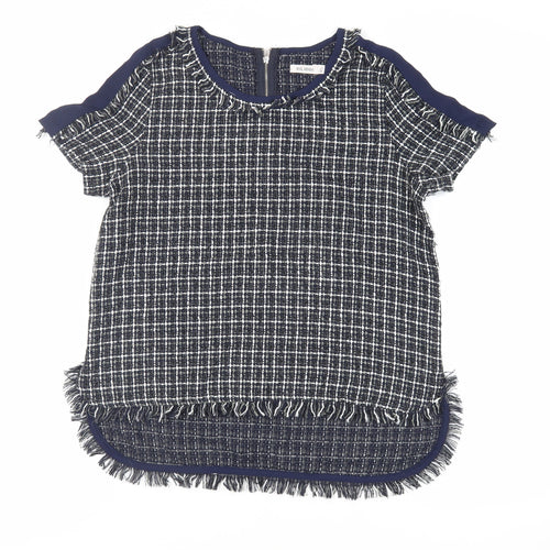 Kilibbi Womens Blue Plaid Polyester Basic Blouse Size M Round Neck - Fringe Detail
