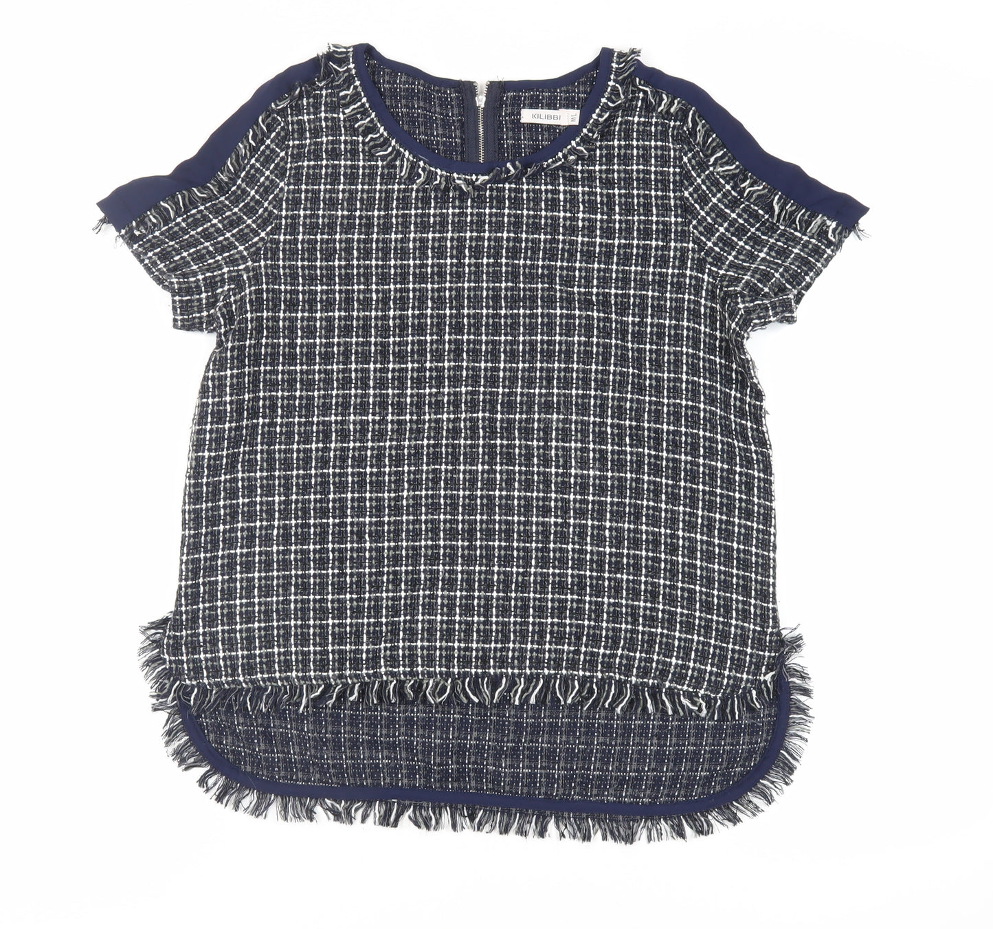 Kilibbi Womens Blue Plaid Polyester Basic Blouse Size M Round Neck - Fringe Detail