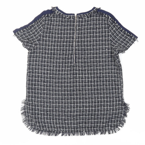 Kilibbi Womens Blue Plaid Polyester Basic Blouse Size M Round Neck - Fringe Detail