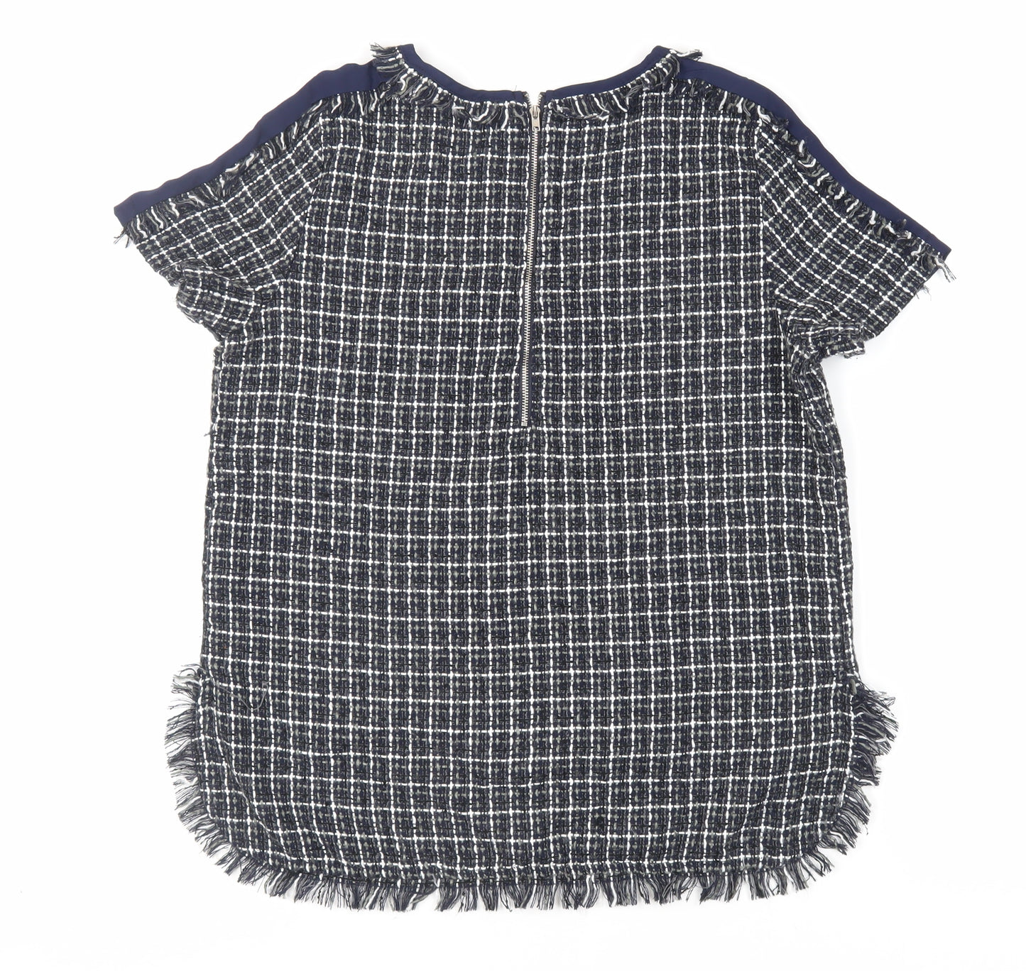 Kilibbi Womens Blue Plaid Polyester Basic Blouse Size M Round Neck - Fringe Detail