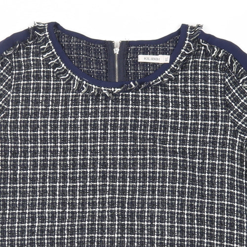 Kilibbi Womens Blue Plaid Polyester Basic Blouse Size M Round Neck - Fringe Detail