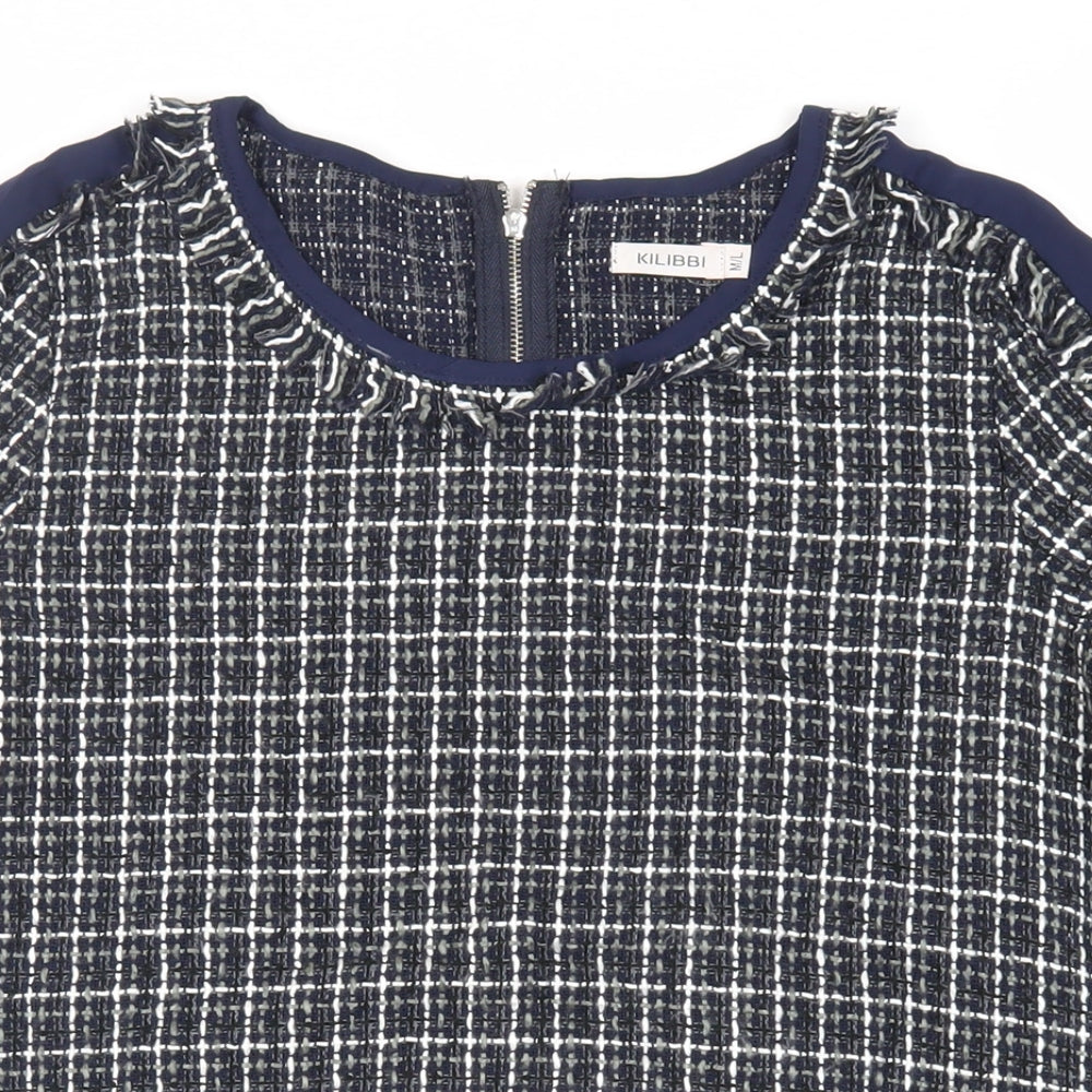 Kilibbi Womens Blue Plaid Polyester Basic Blouse Size M Round Neck - Fringe Detail