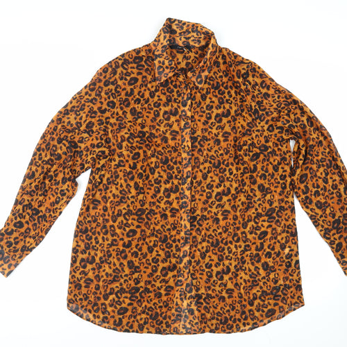 NEXT Womens Brown Animal Print Polyester Basic Button-Up Size 16 Collared - Sheer