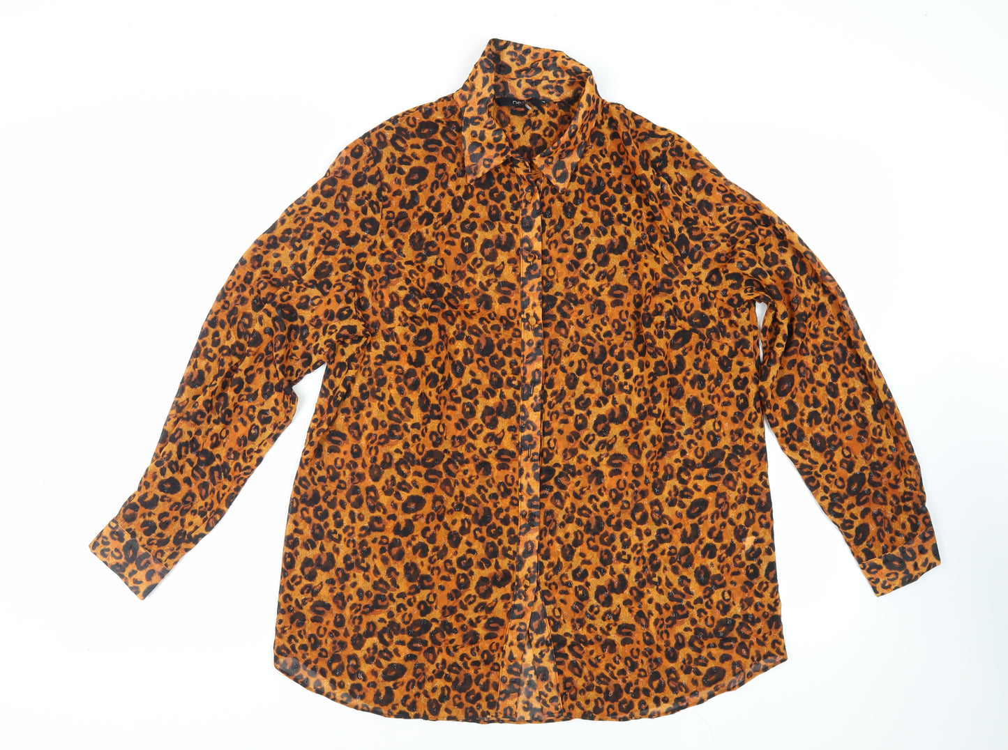 NEXT Womens Brown Animal Print Polyester Basic Button-Up Size 16 Collared - Sheer