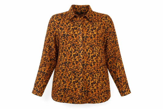 Front view of Next women’s brown animal print polyester basic button-up, size UK 16, collared - sheer