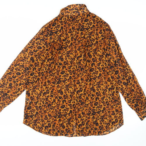 NEXT Womens Brown Animal Print Polyester Basic Button-Up Size 16 Collared - Sheer