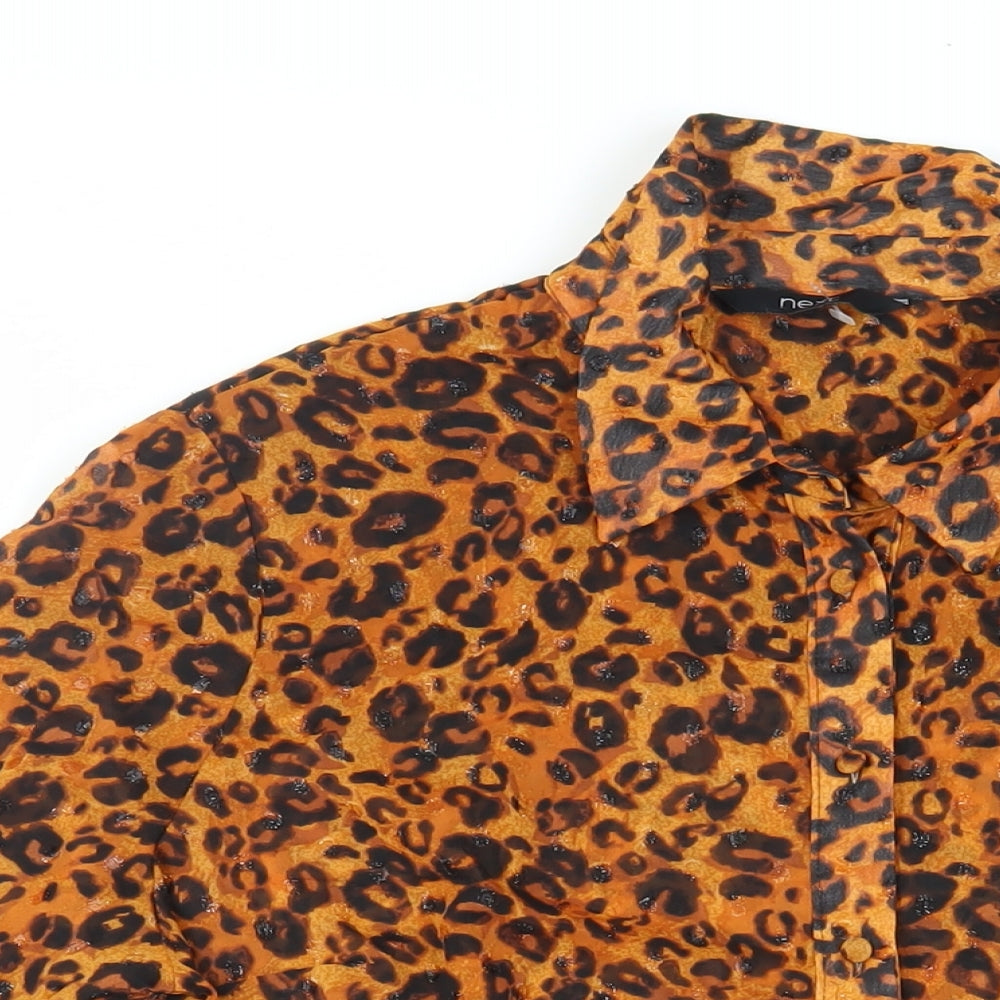 NEXT Womens Brown Animal Print Polyester Basic Button-Up Size 16 Collared - Sheer