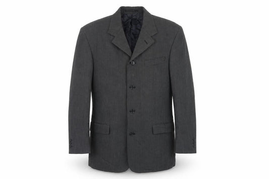 Front view of Gibson men’s grey striped polyester jacket suit jacket, size 40, regular