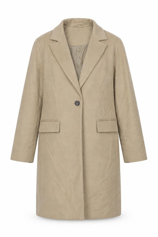 Front view of New Look women’s beige overcoat coat, size UK 10, button
