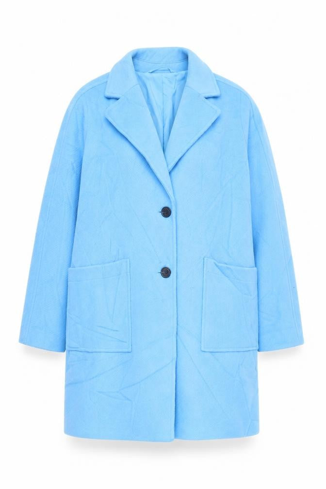 Front view of Marks & Spencer women’s blue overcoat coat, size UK 12, button