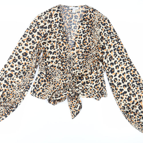 Topshop Womens Beige Animal Print Polyester Basic Blouse Size 10 V-Neck - Tie Front