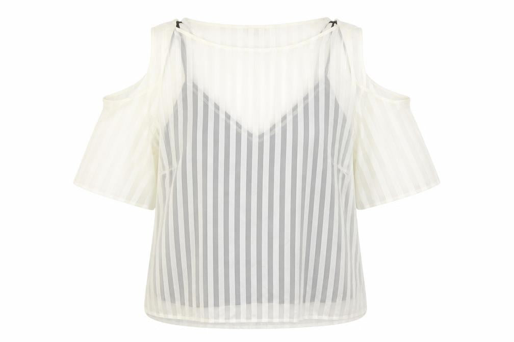 Front view of Rivwer Island women’s ivory striped polyester basic blouse, size UK 18, boat neck - cold shoulder